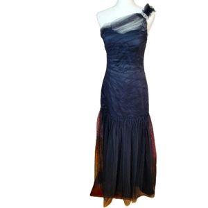 Max & Cleo Black Tulle Ruched Smocked Off Shoulder Gown SZ 4 Perfect Condition